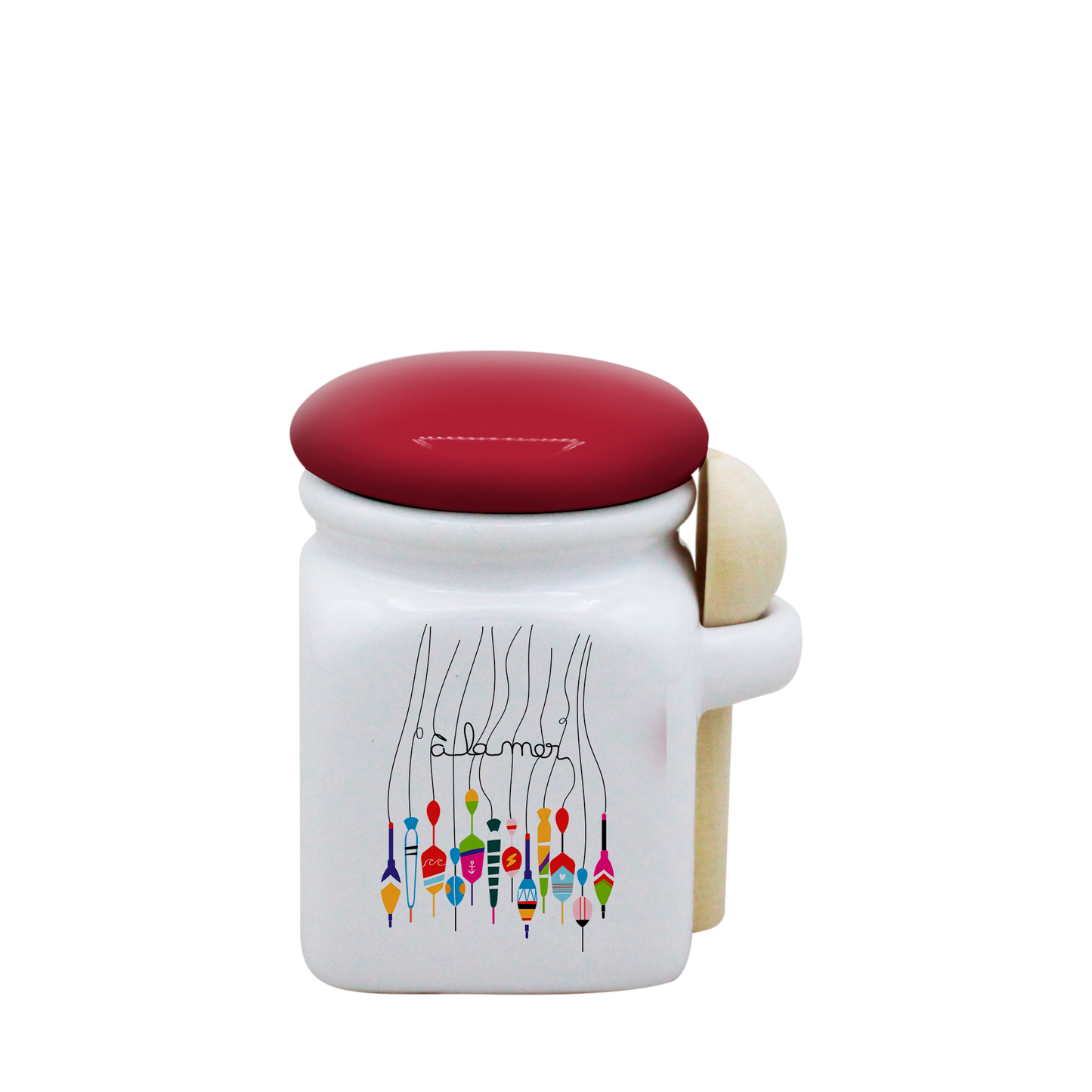 POT BLANC MINI COUV. ROUGE+CUIL. BOIS - A LA MER BOUCHON
