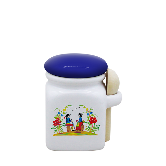 POT BLANC MINI COUV. BLEU+CUIL. BOIS-RETRO