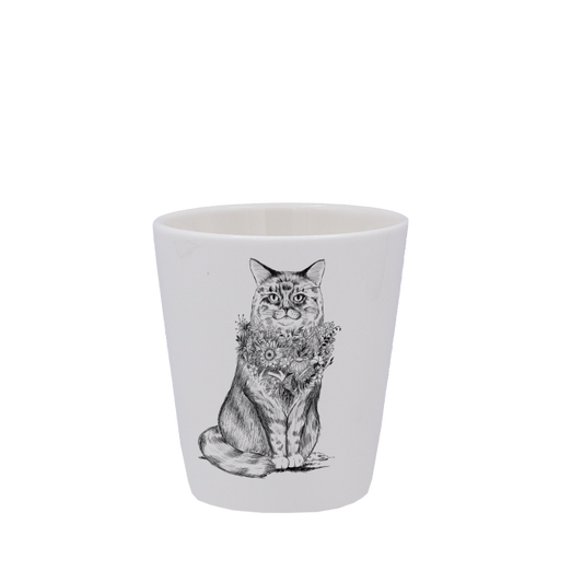 TASSE ESPRESSO BLANCHE S/ANSE - CHAT DE VILLE NOIR AVEC COLLIER DE FLEURS