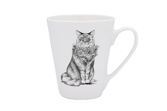 MUG CONIQUE BLANC - CHAT DE VILLE NOIR COLLIER DE FLEURS