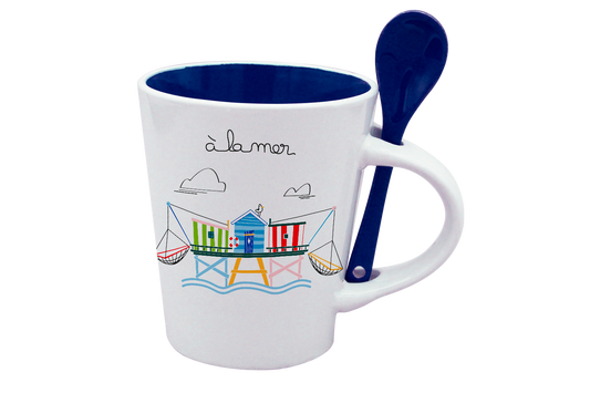 MUG CUILLERE BLANC INT. BLEU - A LA MER NOUVEAU CARRELET