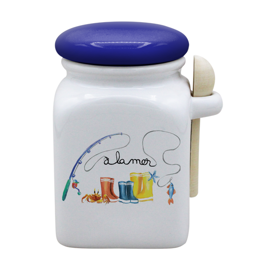 POT BLANC MM COUV. BLEU +CUIL. BOIS-BOTTE A LA MER