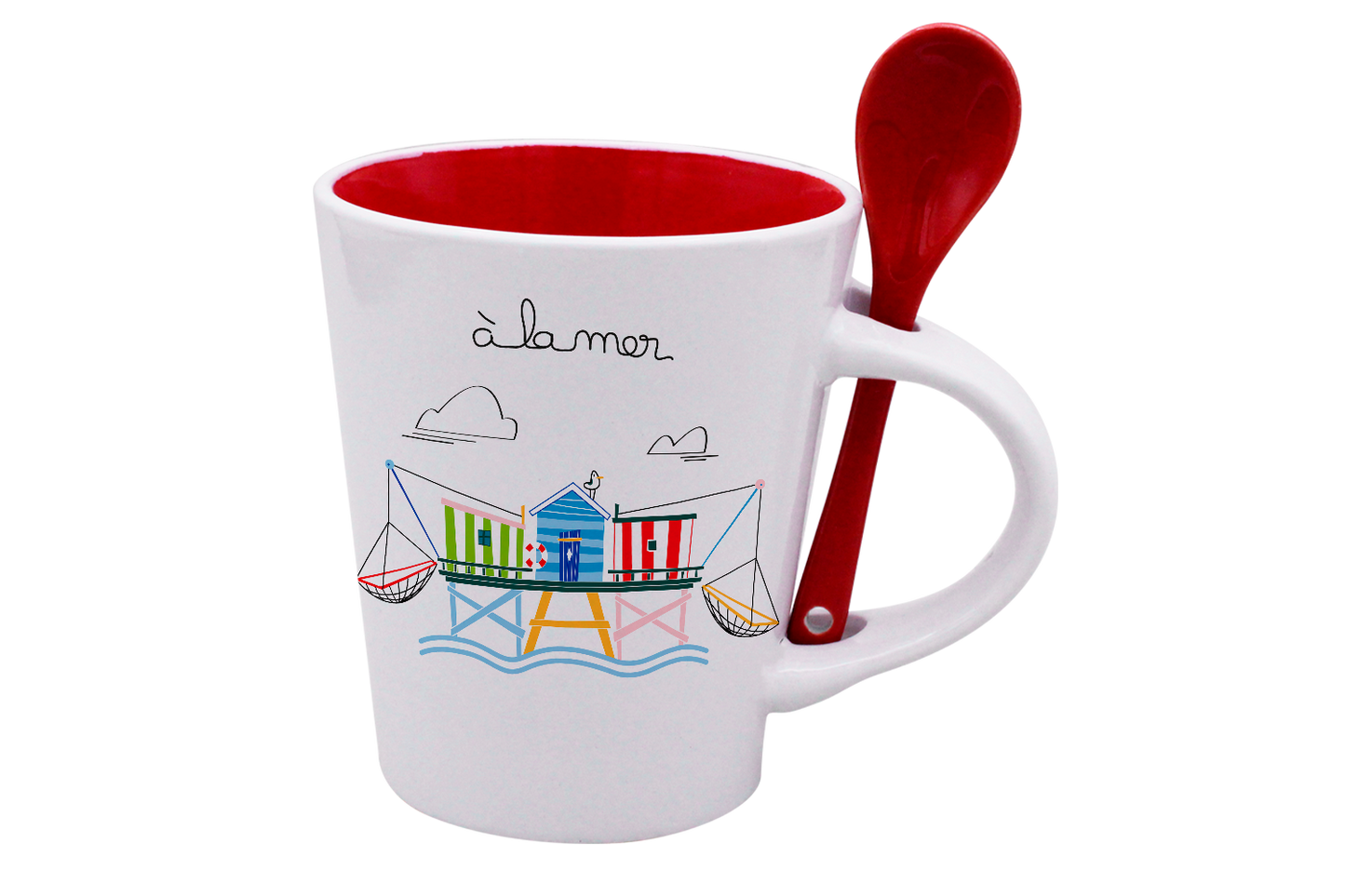 MUG CUILLERE BLANC INT. ROUGE - A LA MER NOUVEAU CARRELET