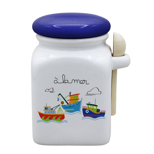 POT BLANC MM COUV. BLEU +CUIL. BOIS-A LA MER BATEAUX