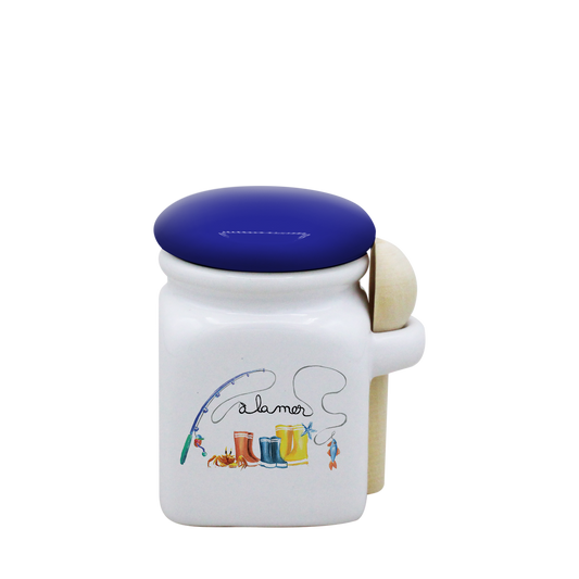 POT BLANC MINI COUV. BLEU+CUIL. BOIS-BOTTE A LA MER